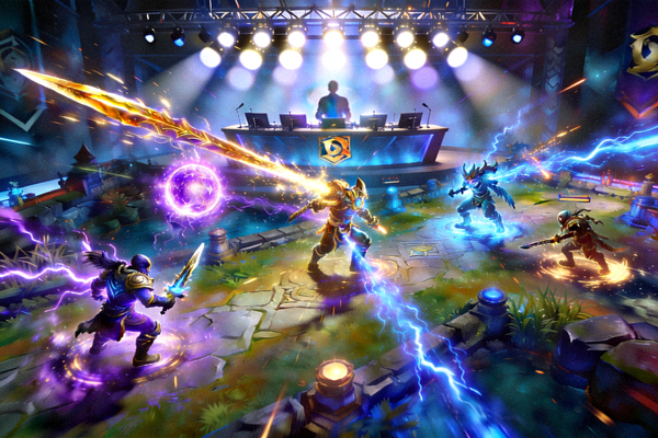 DOTA2国际邀请赛淘汰赛阶段，华丽的团战技能特效覆盖整个战场，解说台灯光聚焦